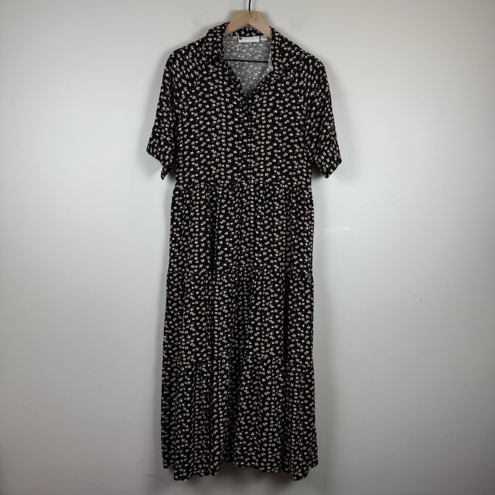 Ella Simone Maxi Dress M Black Ditsy Floral Tiered Midi Dark Romantc Cottage